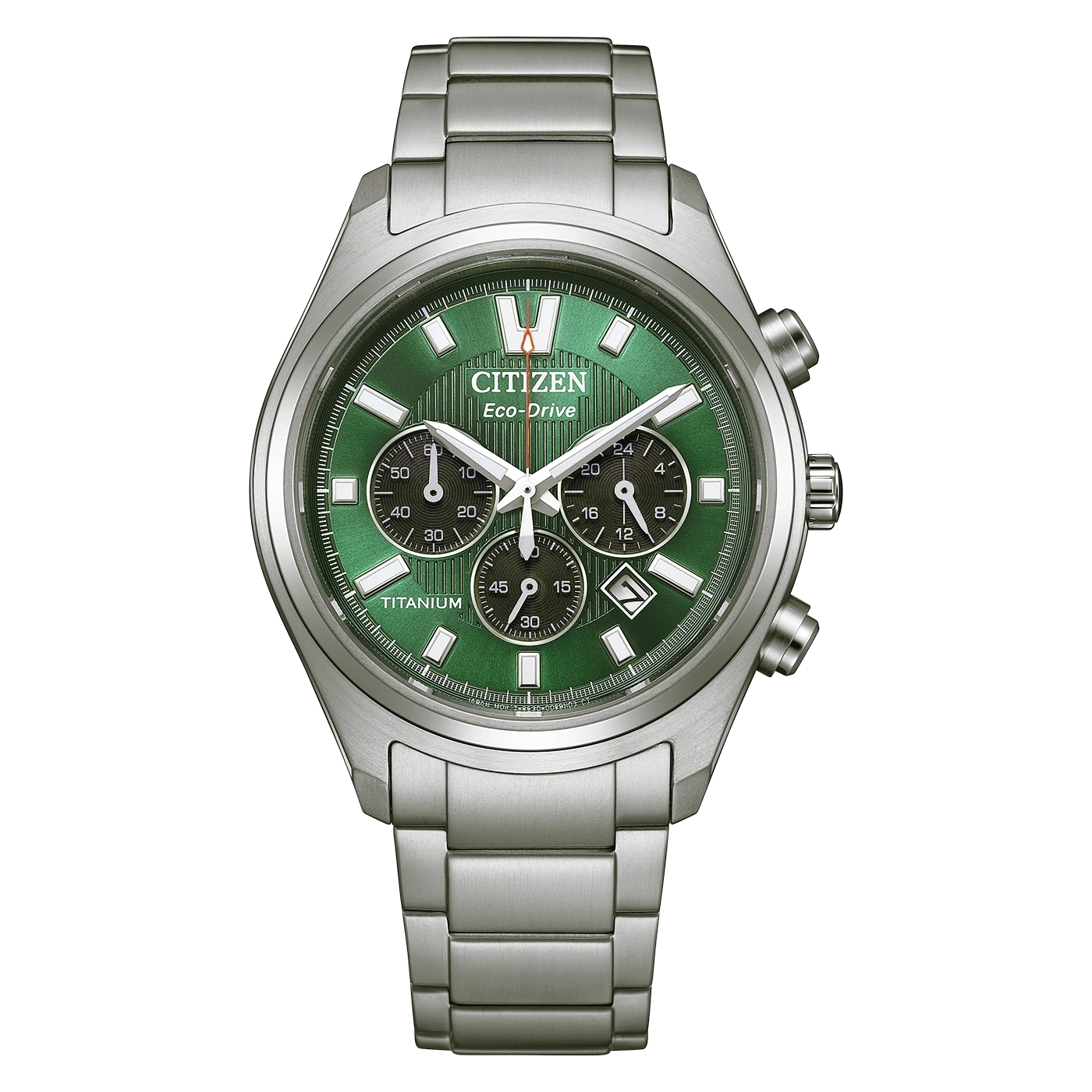 Citizen Eco-Drive titaanirannekello, jossa vihreä kellotaulu ja hopeinen ranneke.