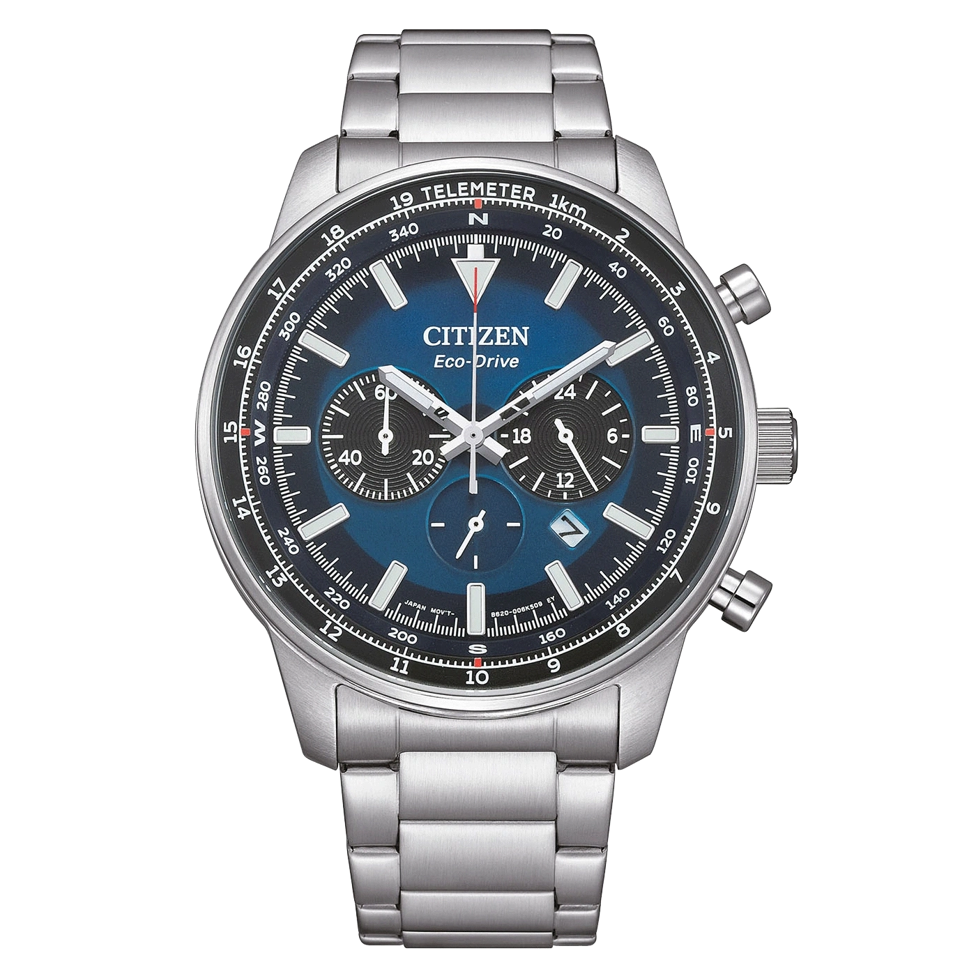 Citizen Eco-Drive -kello, jossa sininen kellotaulu ja kronografiominaisuudet, ruostumattomasta teräksestä valmistettu ranneke.