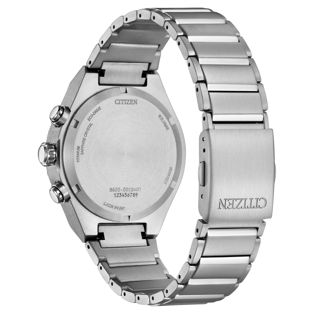 Citizen-kellon takaosa, titaani, safiirikristalli, Eco-Drive, W.R.10BAR, Japan Movt.