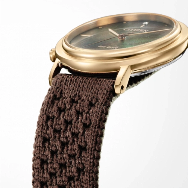 Lähikuva kultaisesta kellosta, jossa on ruskea kudottu ranneke, Citizen Eco-Drive.