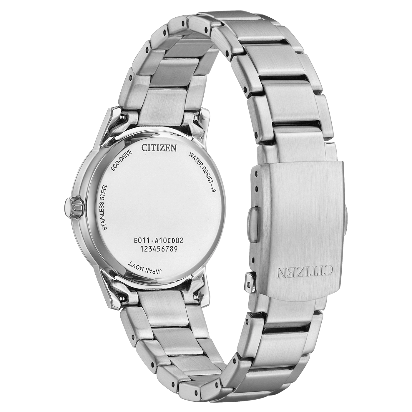 Citizen-kellon takaosa, ruostumatonta terästä, Eco-Drive, vesitiivis, Japanin koneisto, mallinumero.