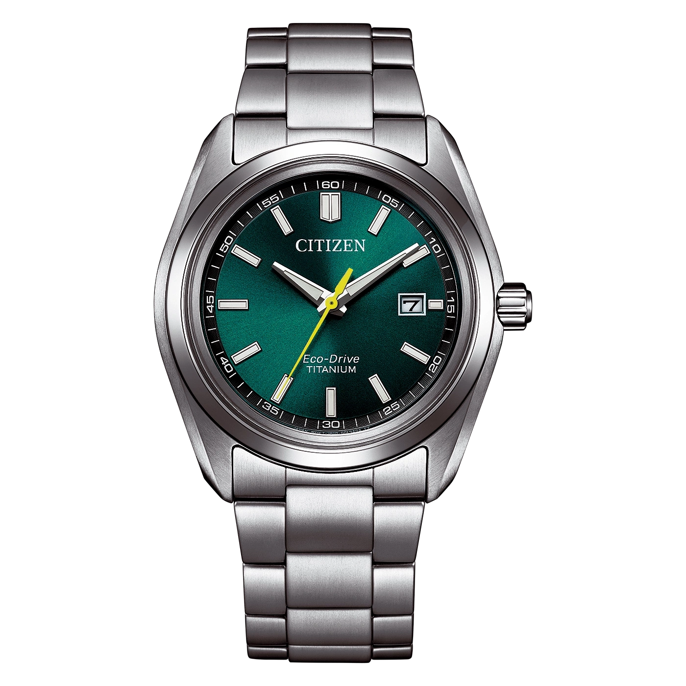 Lähikuva Citizen Eco-Drive titaanirannekellosta, jossa on vihreä kellotaulu.