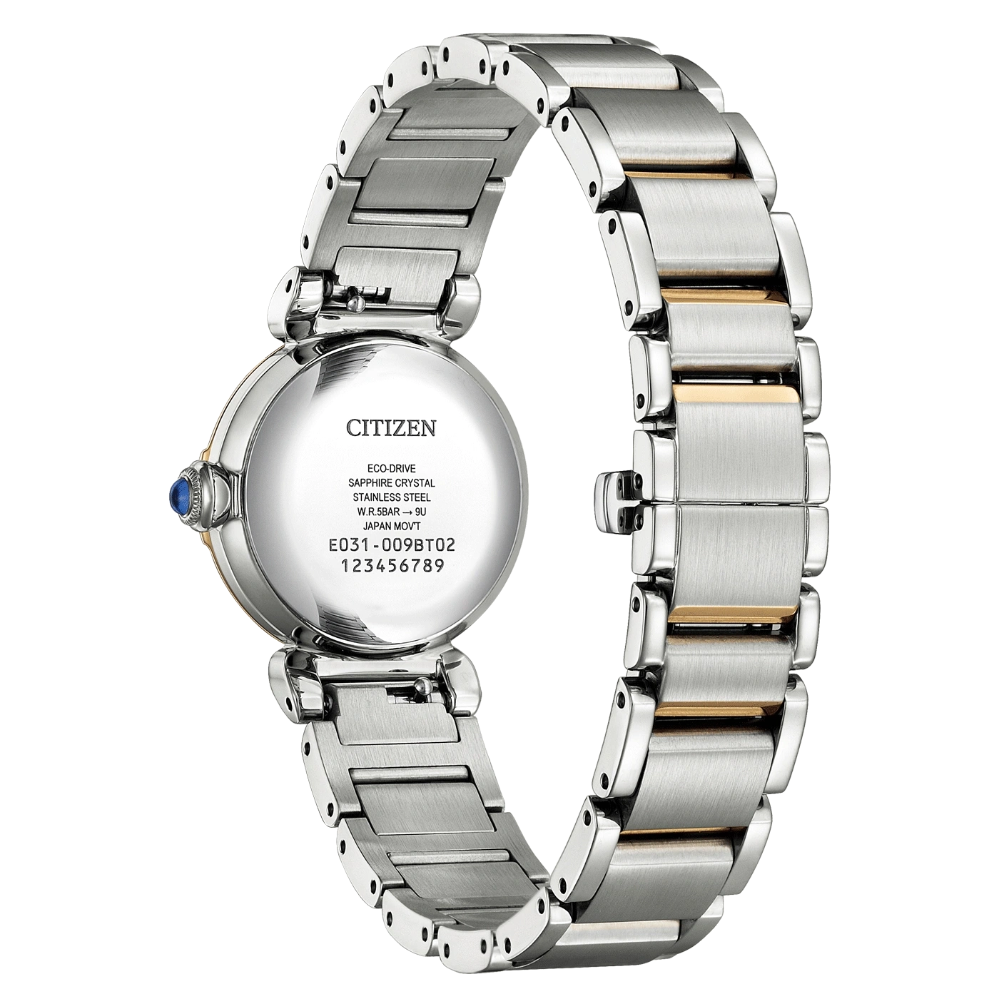Citizen-kellon takaosa, ruostumaton teräs, safiiri, eco-drive, Japanin liike.