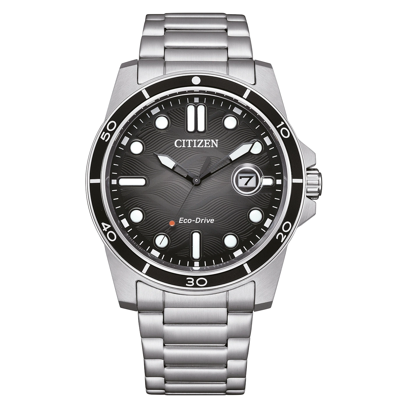 Citizen-kello, jossa musta kellotaulu ja hopeinen ranneke, Eco-Drive.