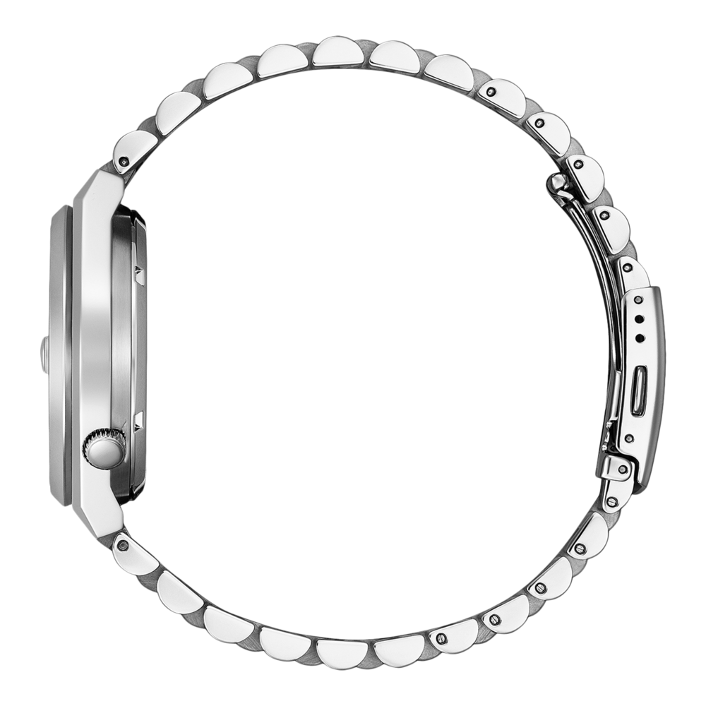 Hopeinen rannekello metallirannekkeella, tyylikäs muotoilu sivusta katsottuna.