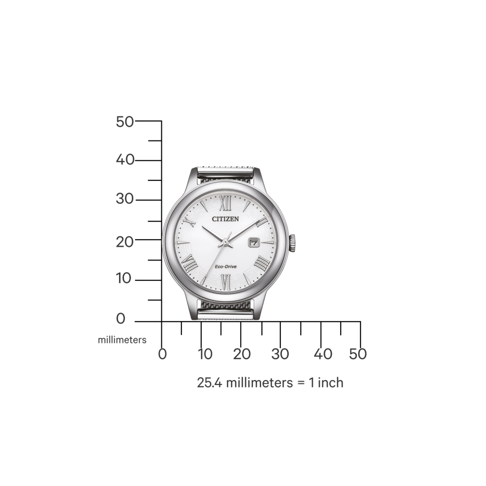 Citizen-kello, jossa on valkoinen kellotaulu, mitattuna millimetreissä, asteikolla 25,4 millimetriä = 1 tuuma.