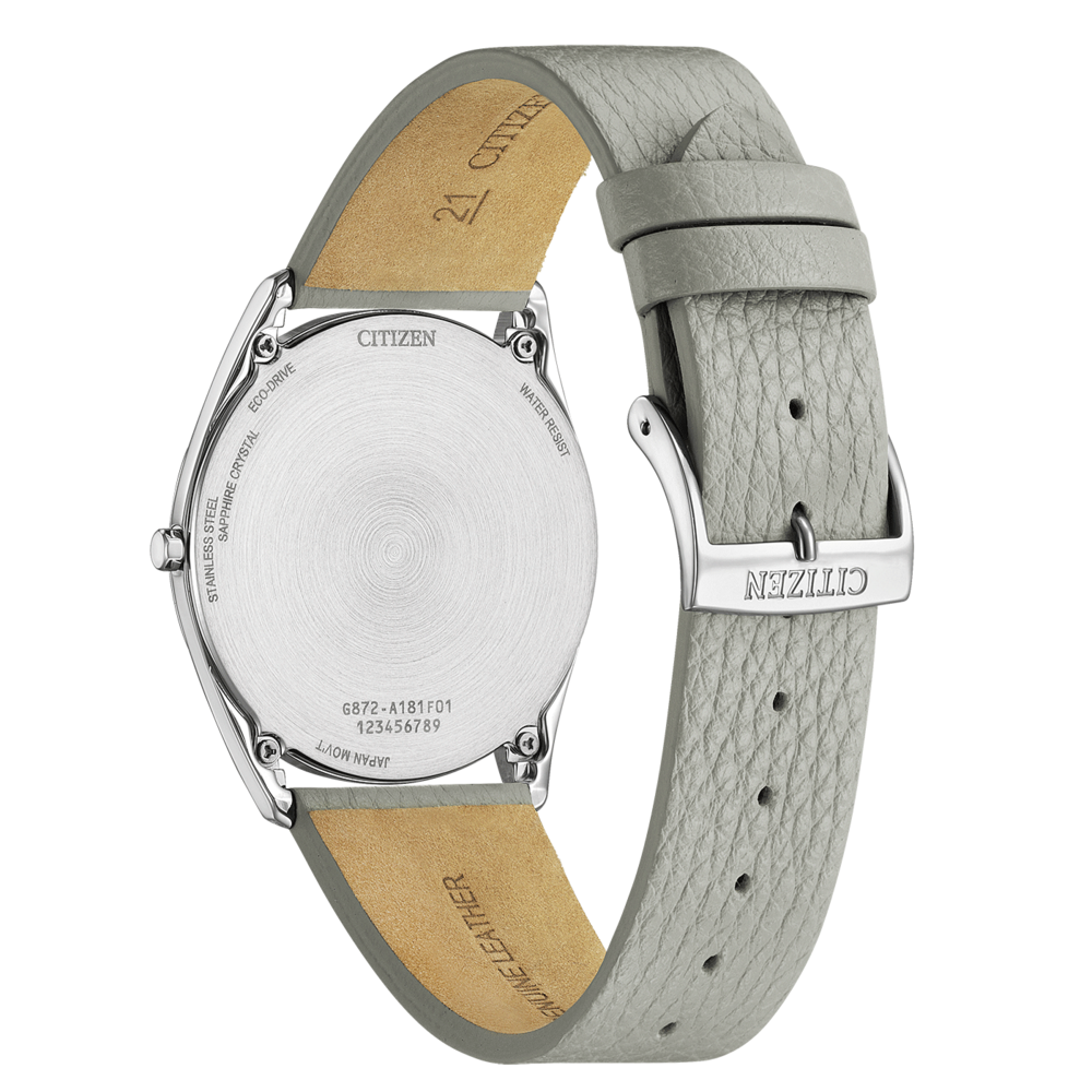 Citizen-kellon takaosa, ruostumaton teräs, nahkaranneke, vedenkestävä, eco-drive, safiirikristalli