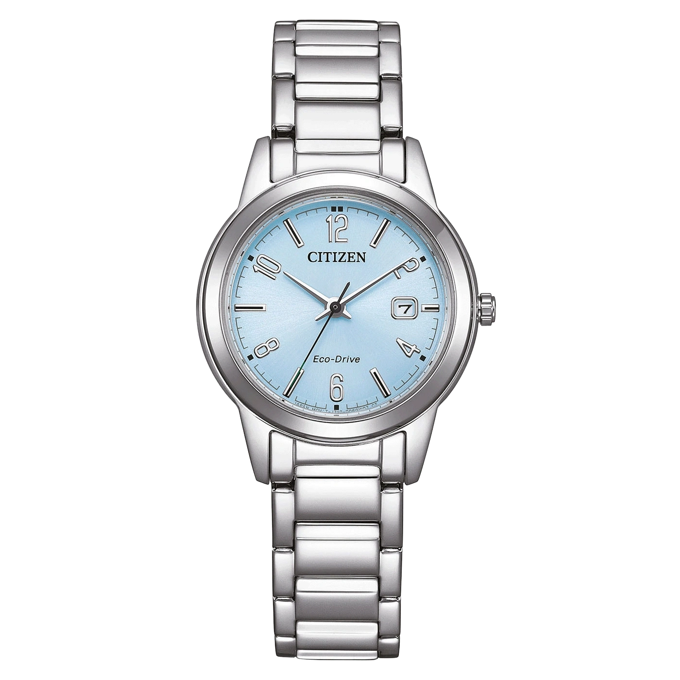 Citizen-kello, jossa vaaleansininen kellotaulu ja hopeinen ranneke, Eco-Drive-tekniikka.