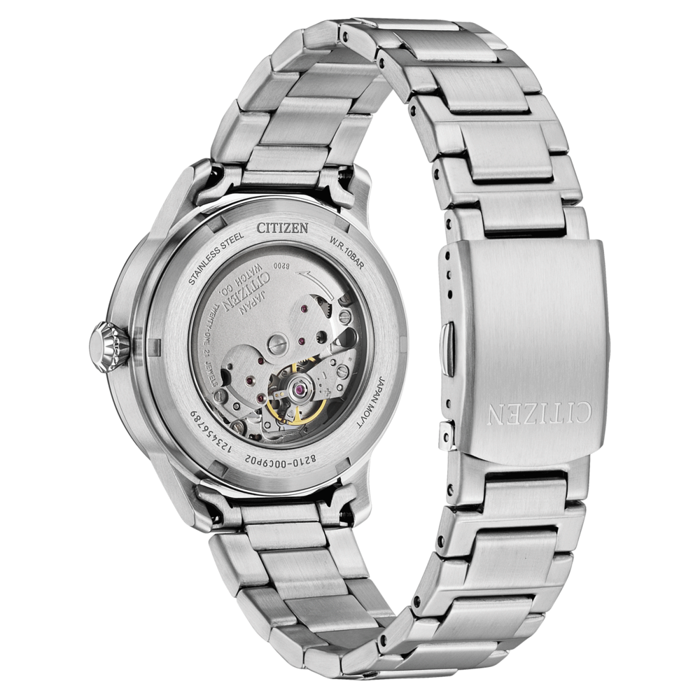 Citizen-kellon takaosa, ruostumaton teräs, automaattinen koneisto, näkyvä mekanismi, japanilainen, tyylikäs muotoilu