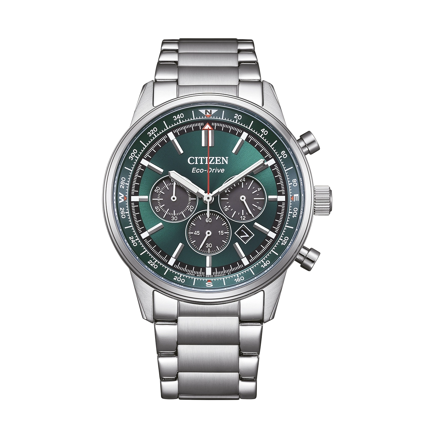 Vihreä Citizen Eco-Drive kronografikello metallirannekkeella.