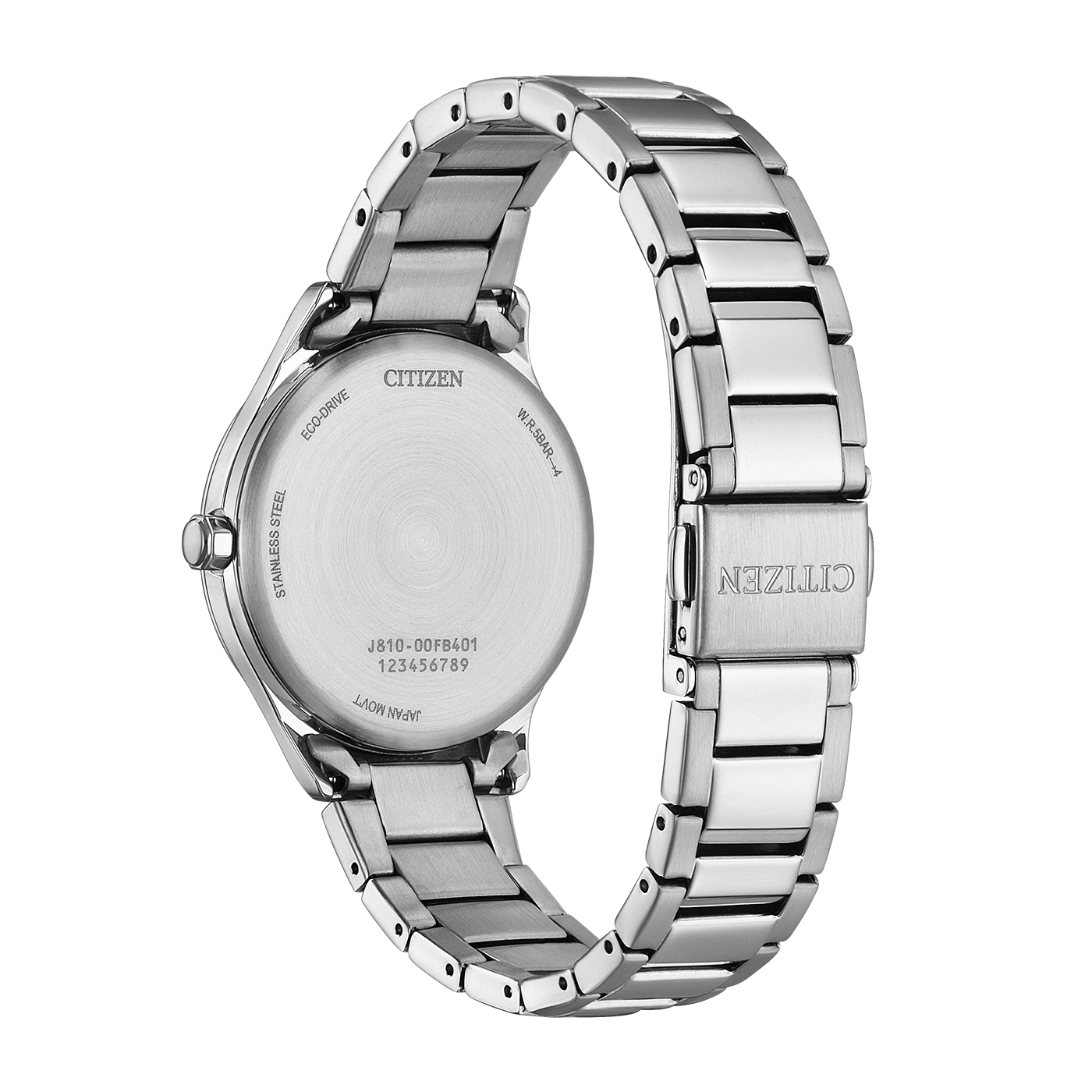 Hopeisen Citizen Eco-Drive-kellon takaosa, mallinumero J810-00FB401.