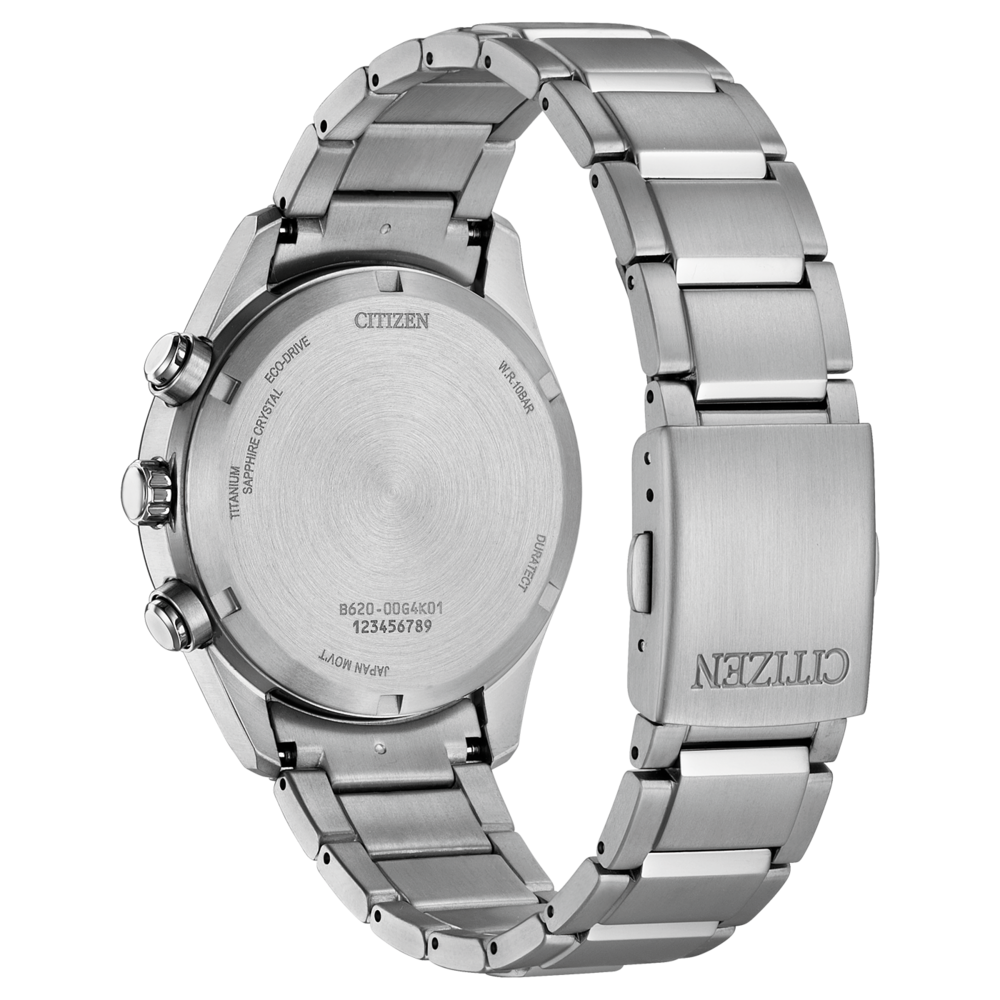 Hopeisen Citizen Eco-Drive -kellon takaosa tekstillä.