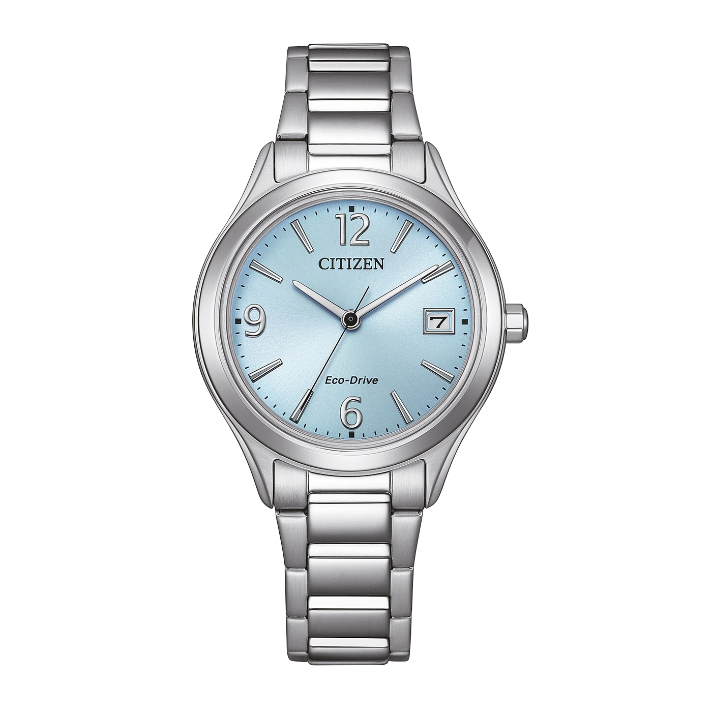 Hopeinen Citizen Eco-Drive -kello vaaleansinisellä kellotaululla.