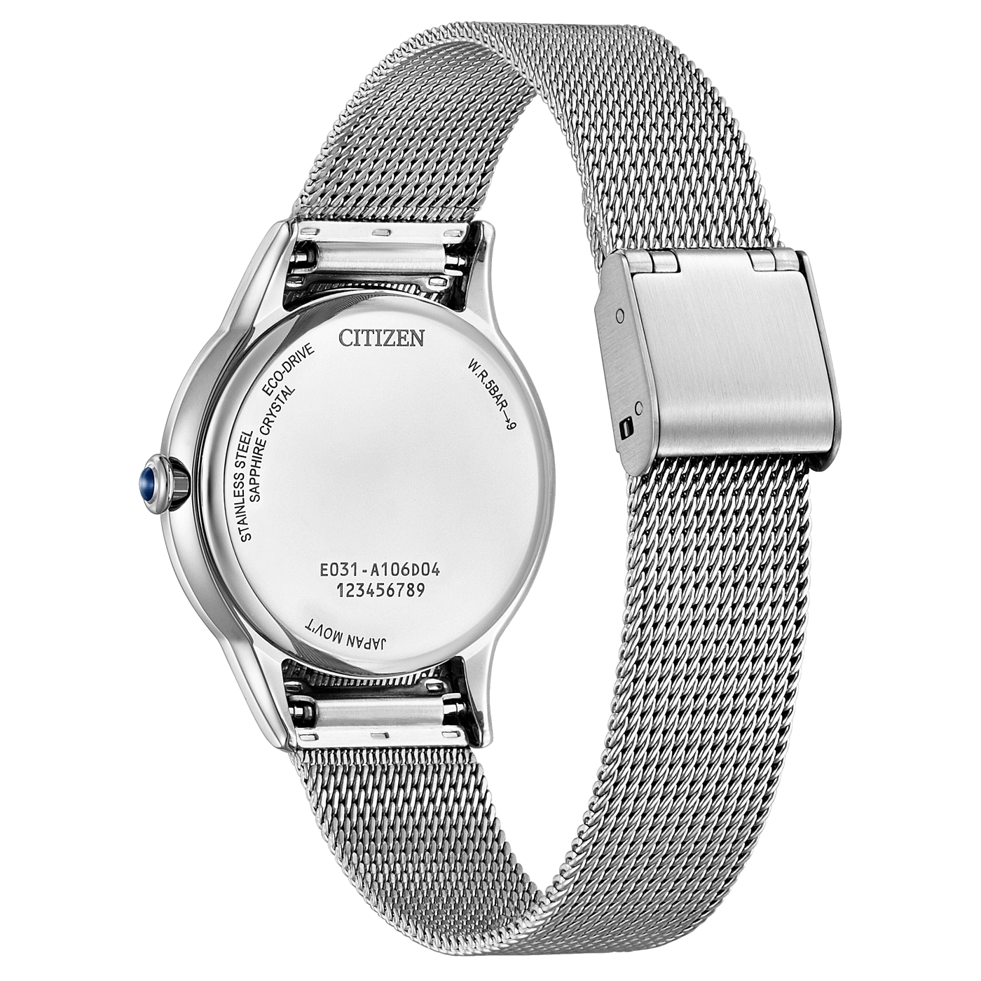 Citizen-kello, ruostumaton teräs, safiirikristalli, Eco-Drive, verkkovyö, hopea