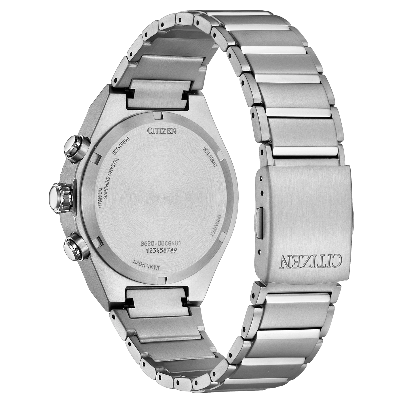 Citizen-kellon takaosa, titaani, safiirikristalli, Eco-Drive, W.R.10BAR, Japan Movt.