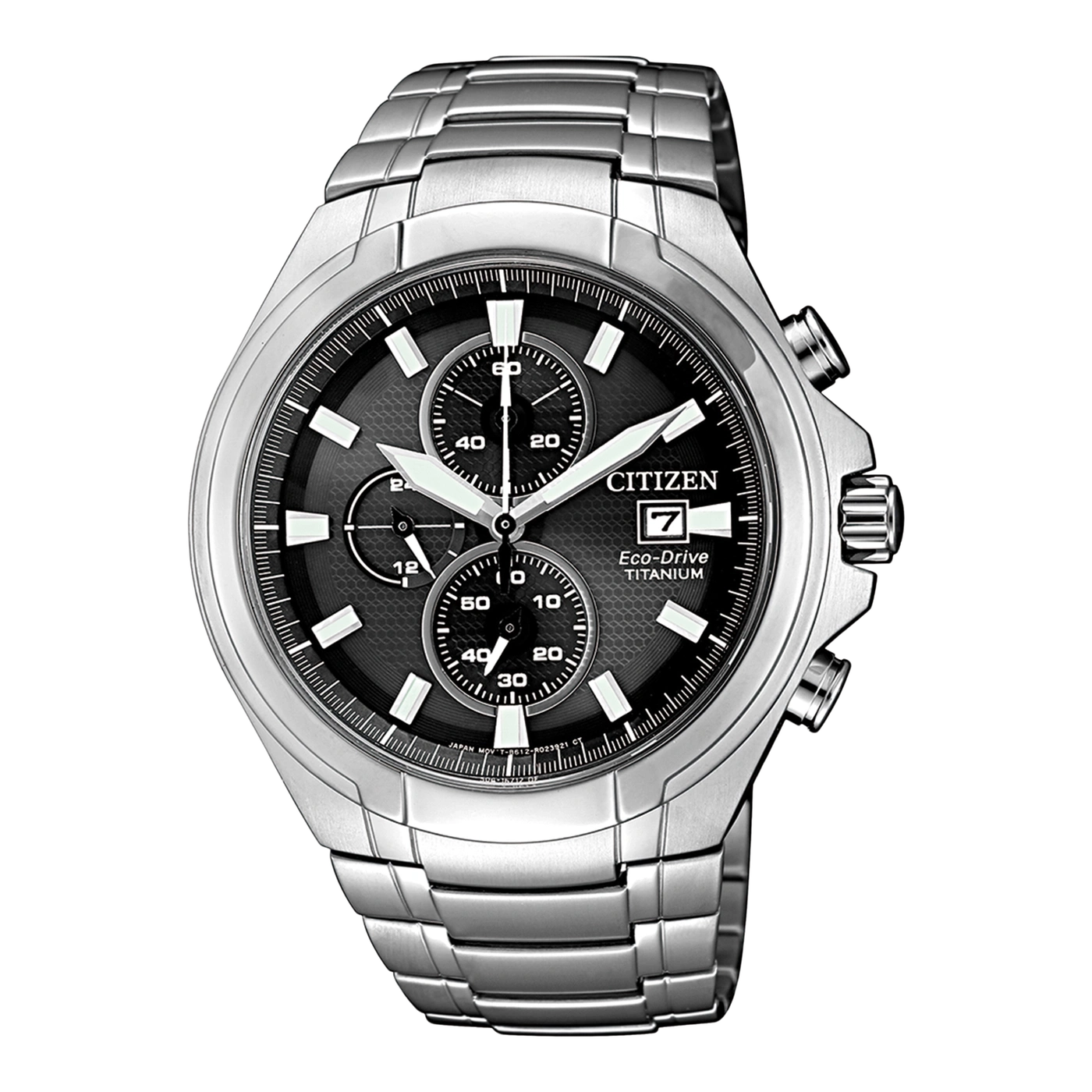Citizen Eco-Drive Titanium -kello, jossa musta kellotaulu ja hopeinen ranneke.