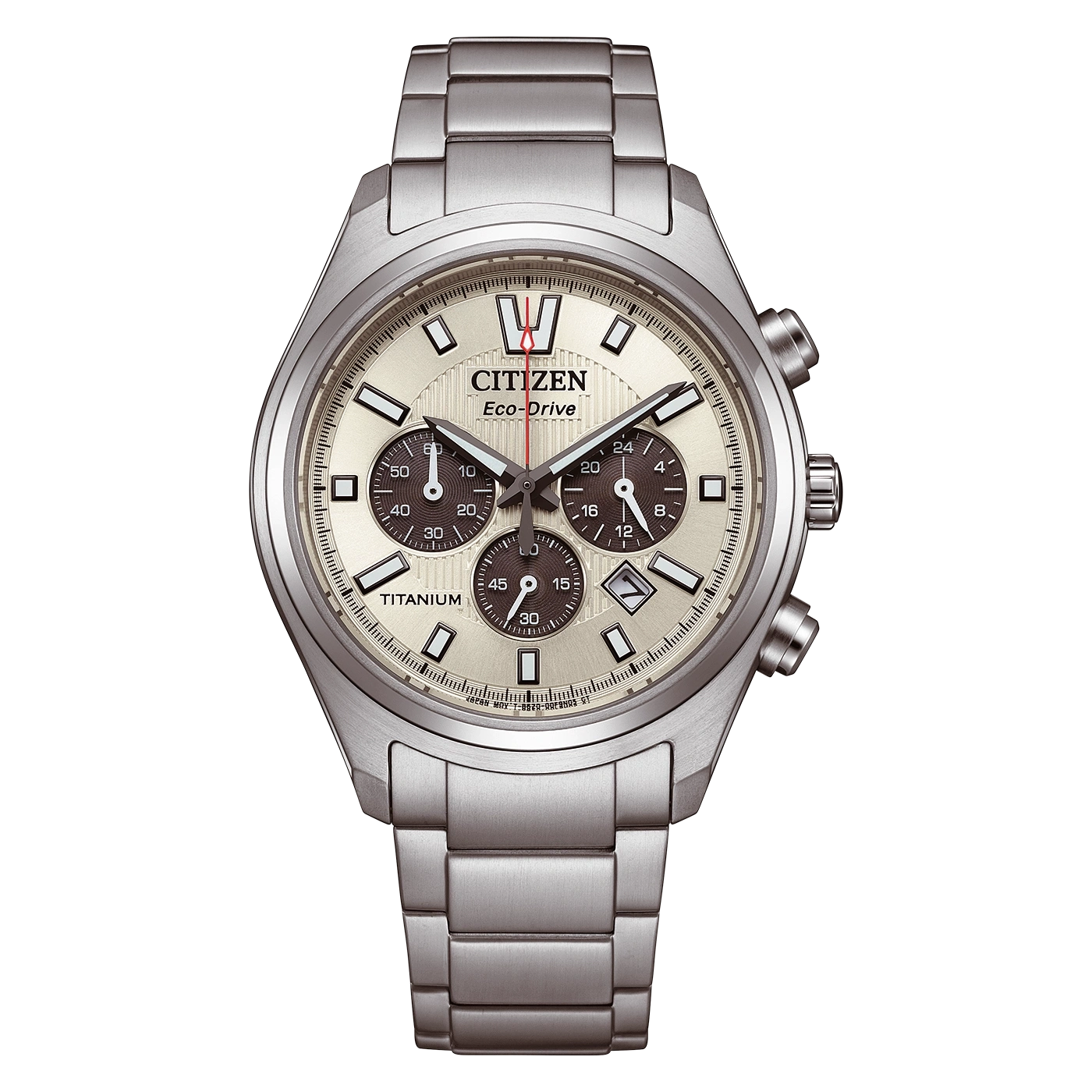 Citizen Eco-Drive titaaninen kronografikello samppanjakellotaululla ja hopeanvärisellä rannekkeella.