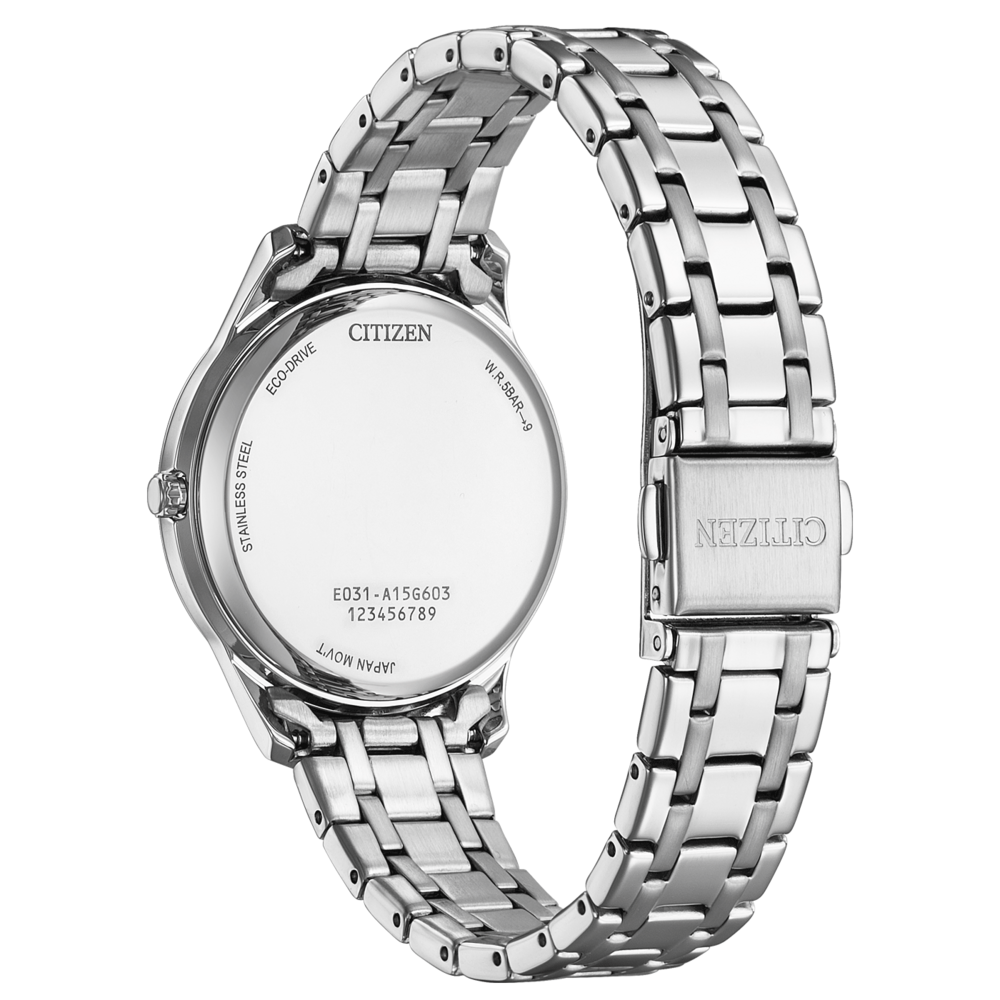 Citizen-kellon takaosa, ruostumaton teräs, Eco-Drive, Japanin koneisto, W.R.5BAR