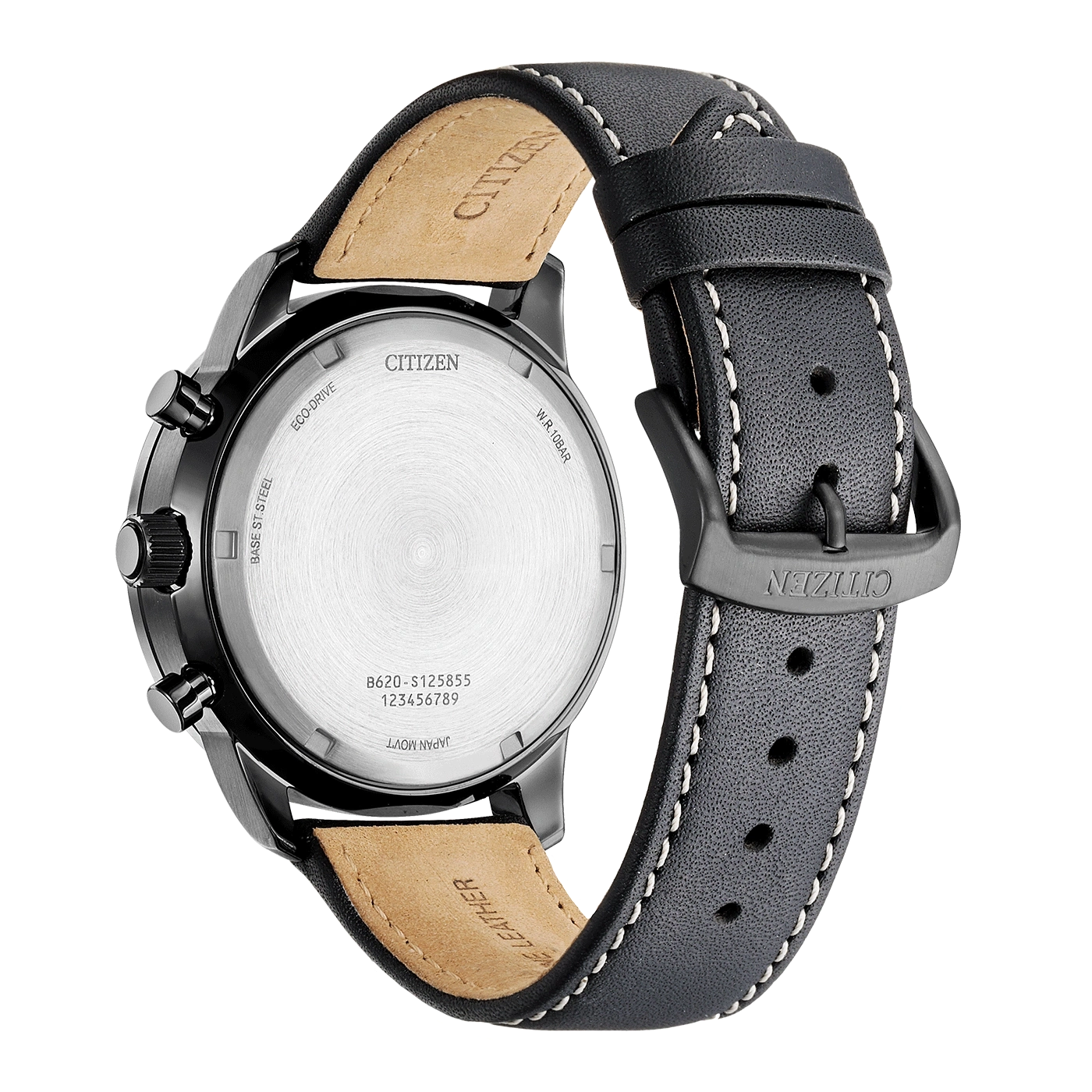Citizen-kellon takaosa, musta nahkaranneke, Eco-Drive, ruostumaton teräs, Japanin koneisto.