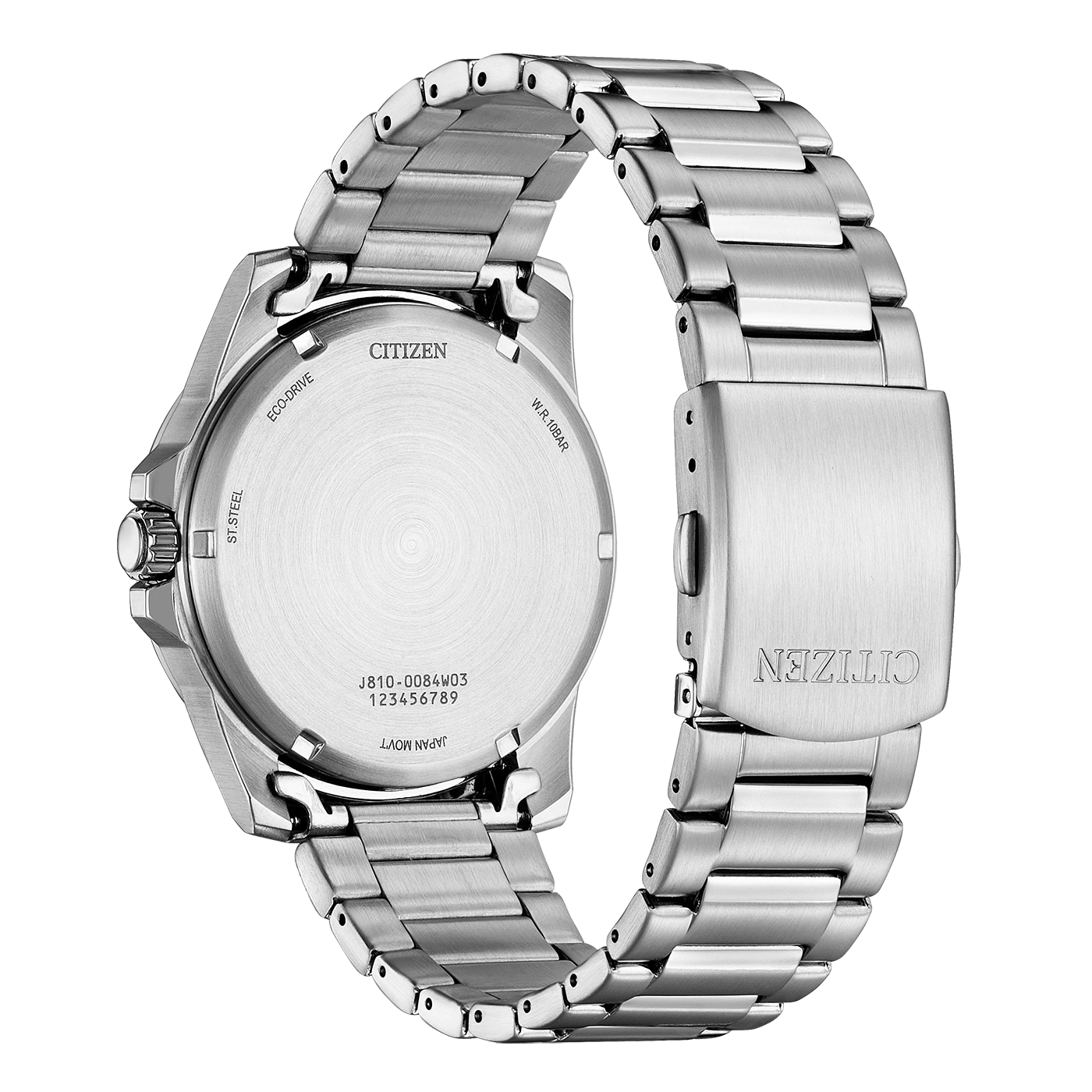 Citizen-kellon takaosa, ruostumaton teräs, Eco-Drive, W.R. 10BAR, Japan Movt.