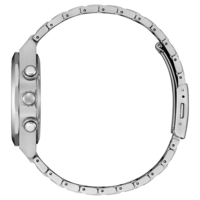 Hopeinen rannekello, jossa metalliranneke ja kolme painiketta sivusta.