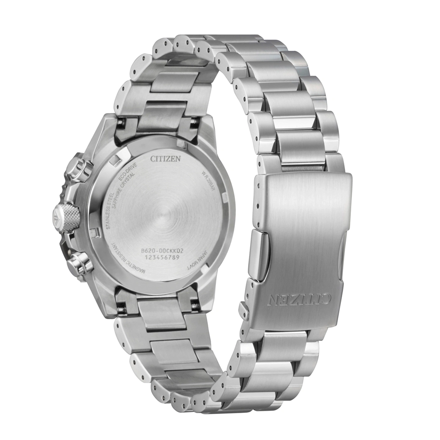 Ruostumattomasta teräksestä valmistetun Citizen Eco-Drive -kellon takaosa metallirannekkeella.