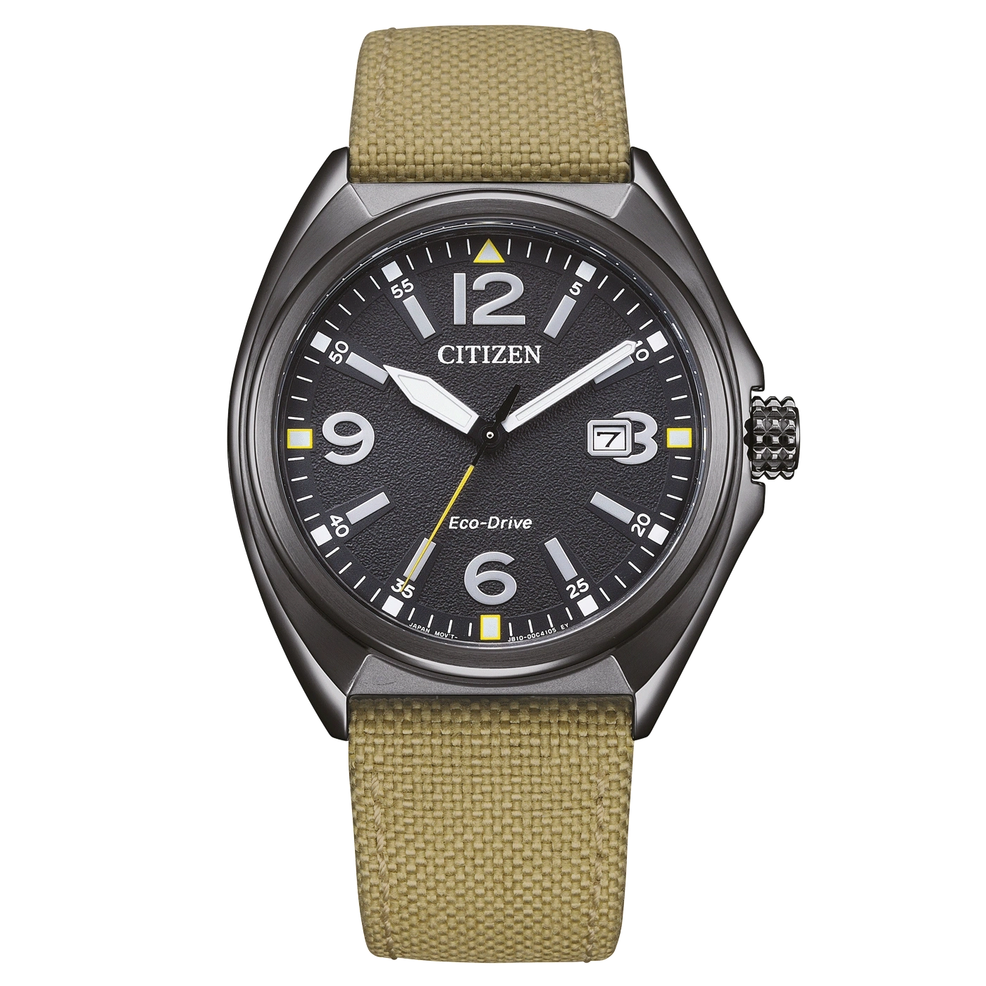 Citizen-kello mustalla kellotaululla, beigellä rannekkeella ja Eco-Drive-tekniikalla.