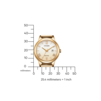 Kultainen Citizen-kello roomalaisilla numeroilla, päivämääränäytöllä ja Eco-Drive-tekniikalla.