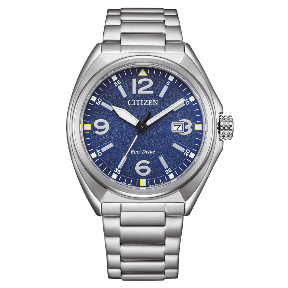 Citizen-kello, jossa sininen kellotaulu, hopeinen ranneke ja Eco-Drive-tekniikka.