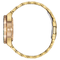 Kultainen kellon sivukuva, pyöreä muoto, metalliranneke, ylellinen asuste, tyylikäs muotoilu