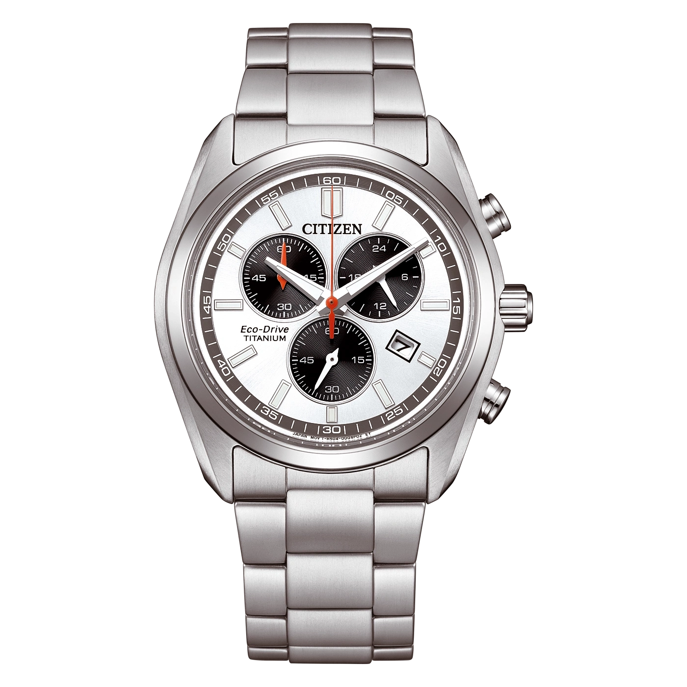 Hopeinen Citizen Eco-Drive Titanium kronografikello valkoisella taustalla.
