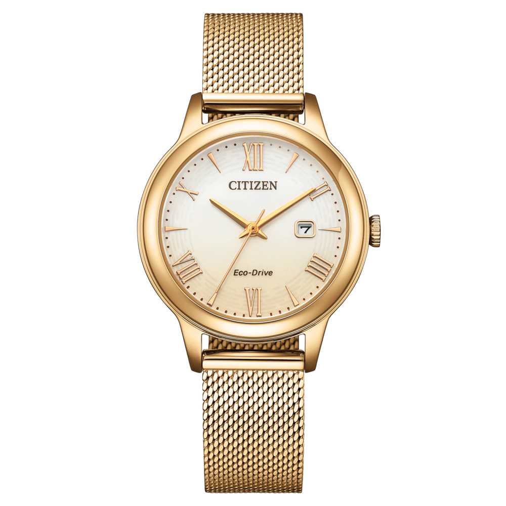 Kultainen Citizen-kello valkoisella kellotaululla ja verkkorannekkeella, tyylikäs muotoilu.
