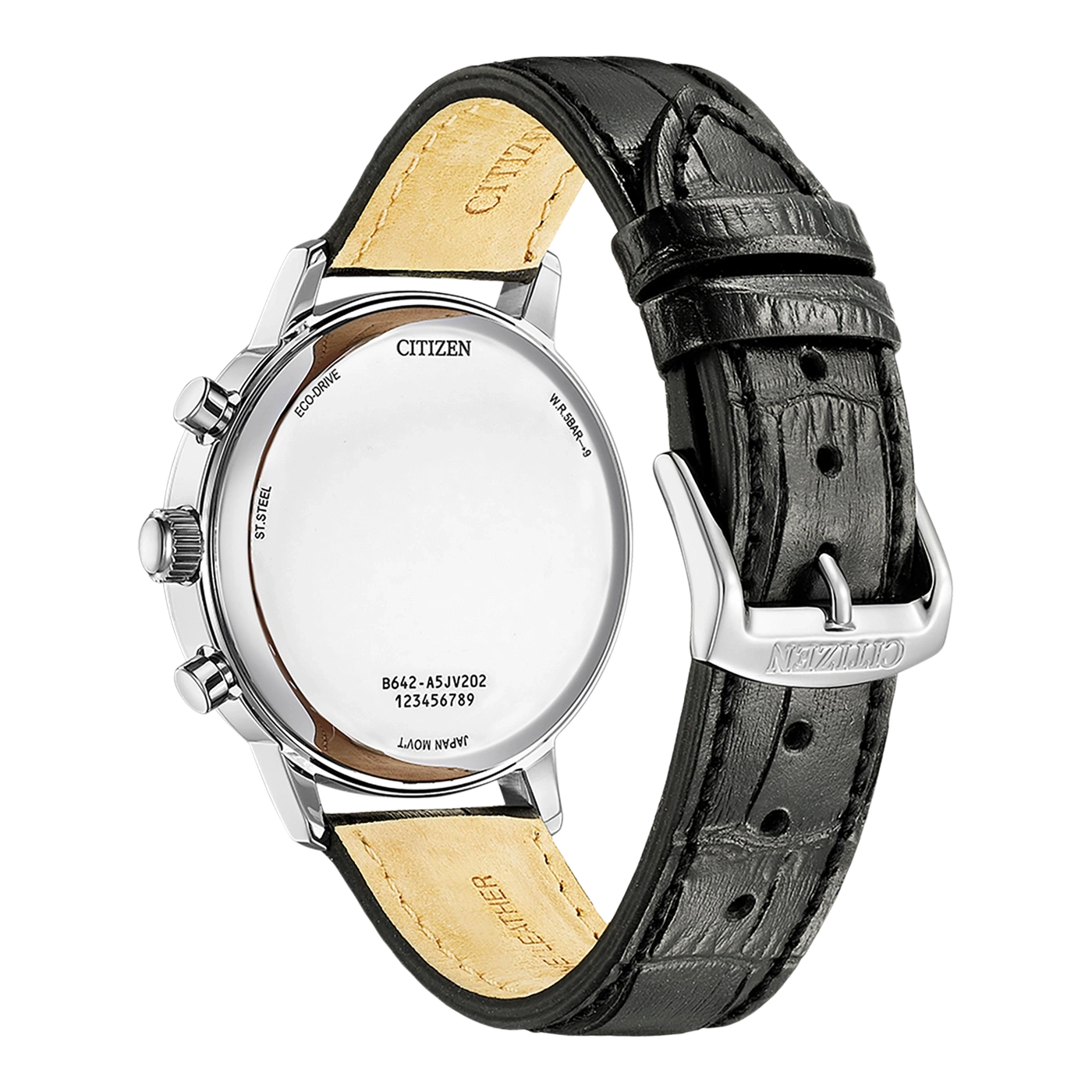 Citizen-kello mustalla nahkahihnalla, ruostumaton teräs, Eco-Drive, Japan Movt.