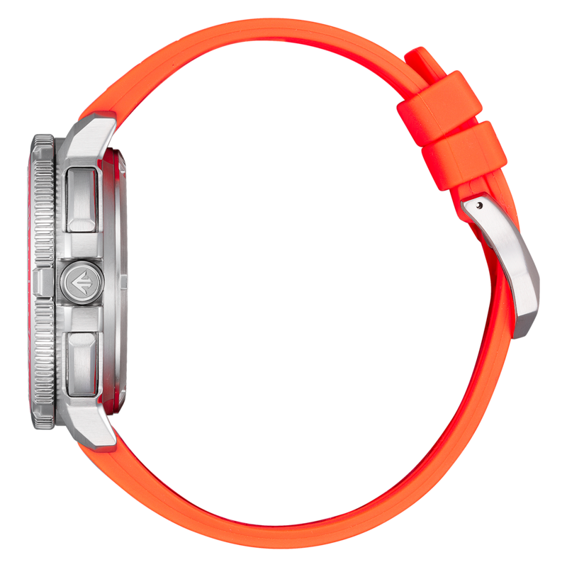 Modernin hopeakellon sivukuva oranssilla kumirannekkeella.