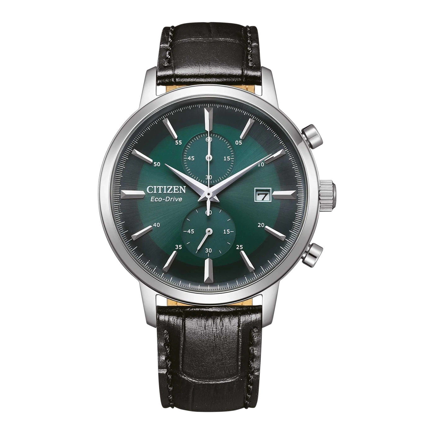 Citizen Eco-Drive -kello, jossa on vihreä kellotaulu ja musta nahkaranneke.