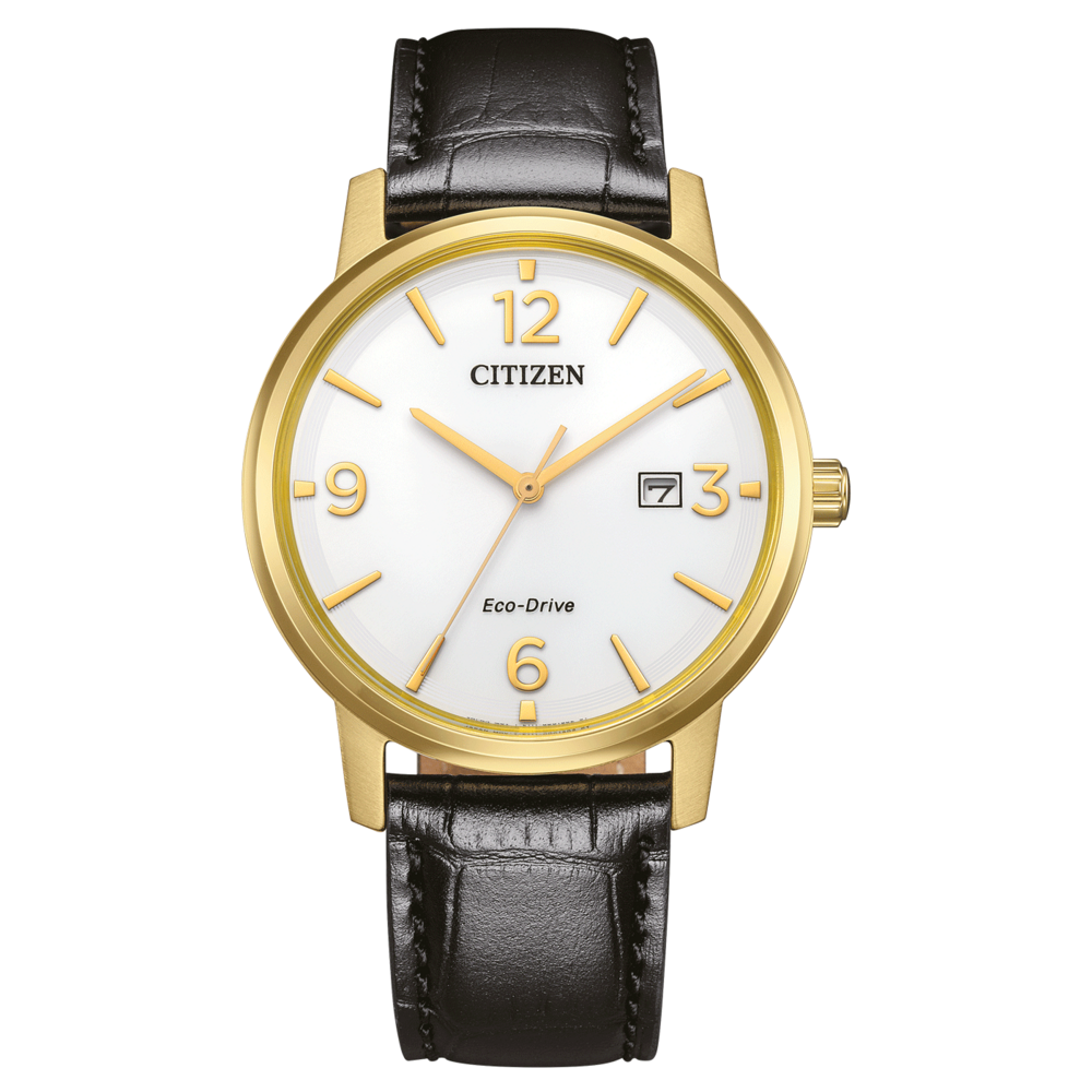 Citizen-kello, jossa kultainen kotelo, valkoinen kellotaulu ja musta nahkaranneke