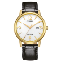 Citizen-kello, jossa kultainen kotelo, valkoinen kellotaulu ja musta nahkaranneke