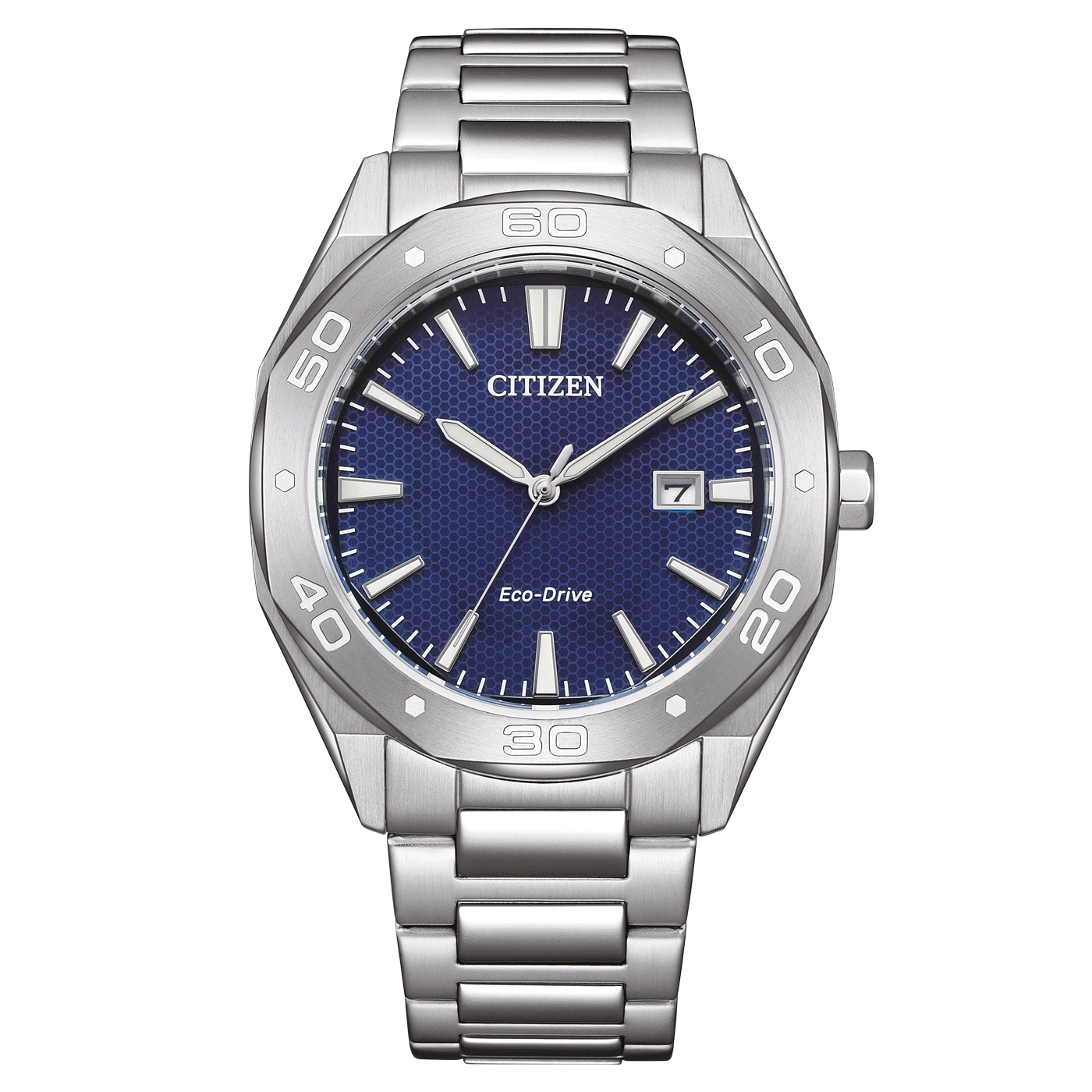 Citizen-kello, jossa sininen kellotaulu ja hopeinen ranneke, Eco-Drive-tekniikka.