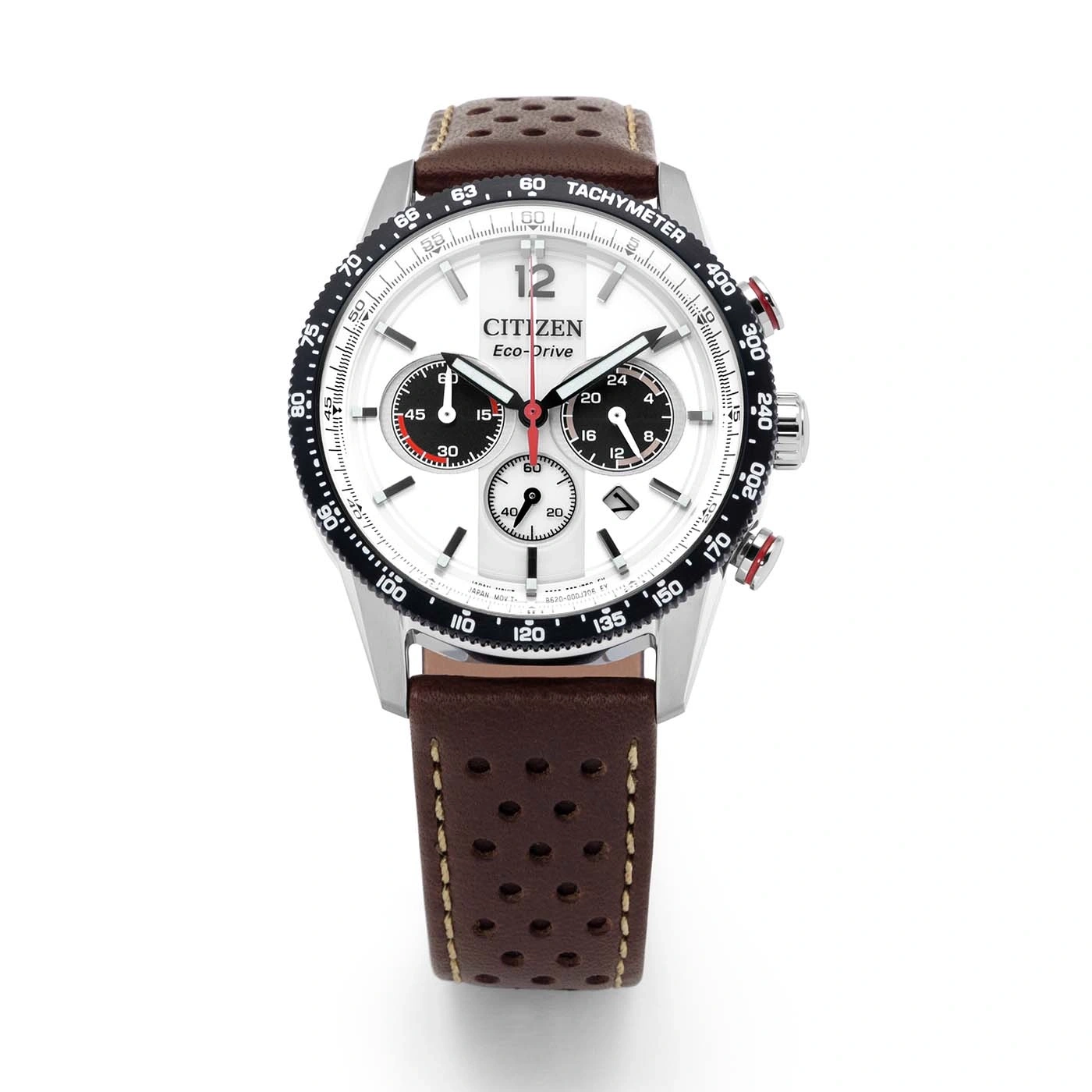 Valkoinen Citizen Eco-Drive kronografikello ruskealla nahkarannekkeella.