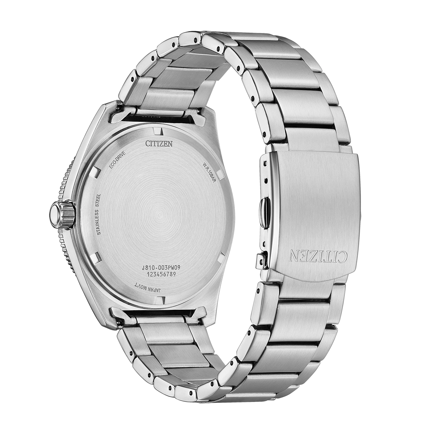 Hopeisen Citizen Eco-Drive -kellon takaosa metallirannekkeella.