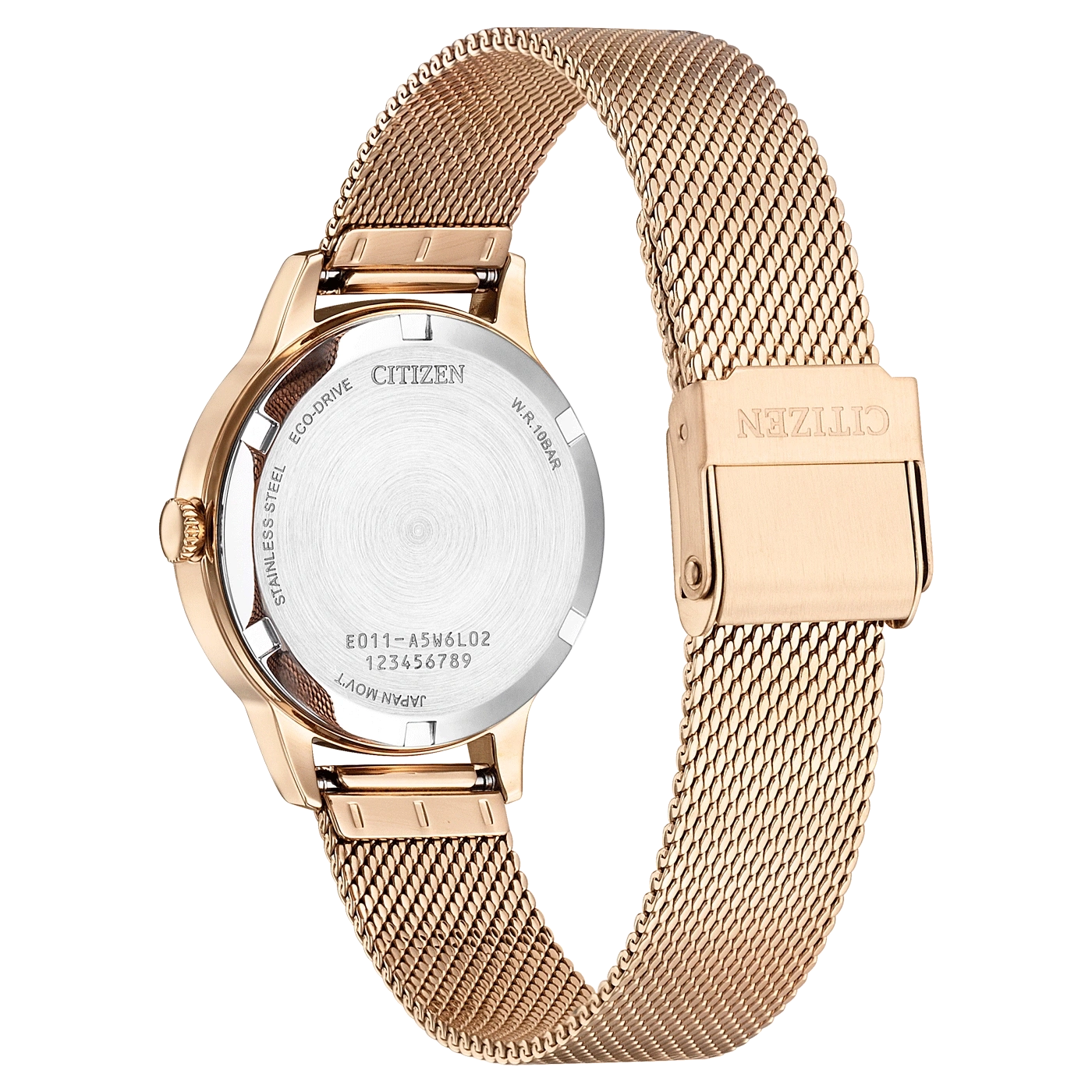 Citizen-kellon takaosa, ruusukulta, ruostumaton teräs, Eco-Drive, W.R.10BAR, Japan Mov't