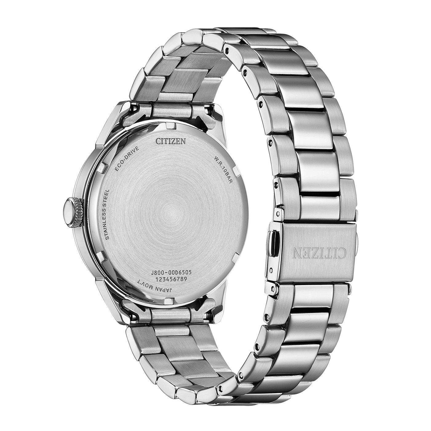 Ruostumattomasta teräksestä valmistetun Citizen Eco-Drive-kellon takaosa mallinumerolla.
