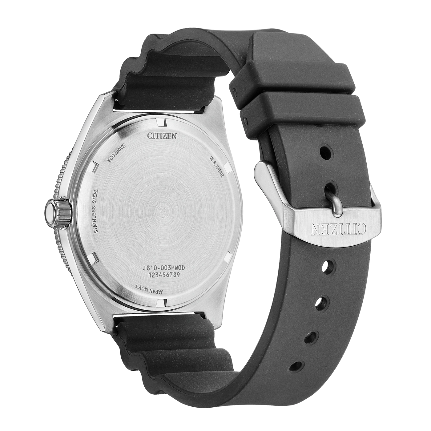Citizen Eco-Drive -kellon takaosa mustalla kumirannekkeella.