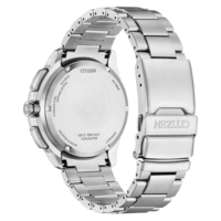 Harjatun ruostumattoman teräksen Citizen Eco-Drive -kellon takapuoli.