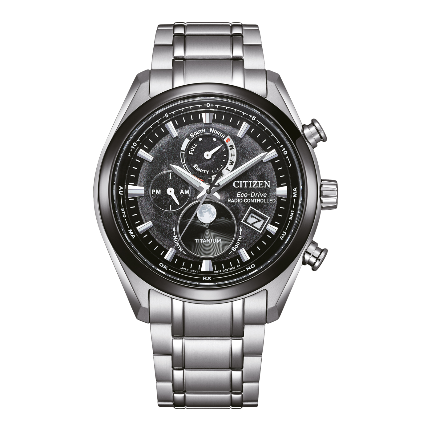 Citizen Eco-Drive -kello mustalla kellotaululla, titaanilla, radio-ohjattu ja päivämääränäytöllä.