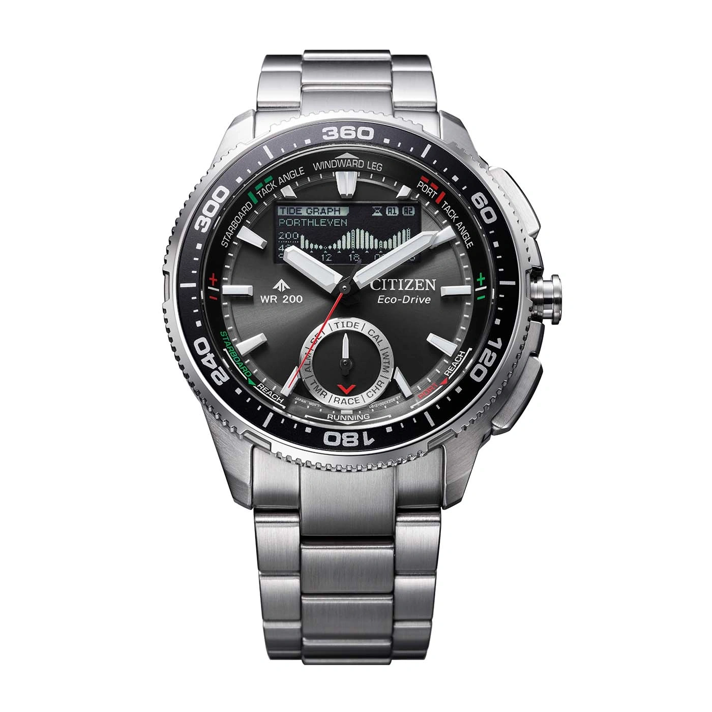 Citizen Eco-Drive -kello, jossa tumma kellotaulu, hopearanneke ja vuorovesinäyttö.