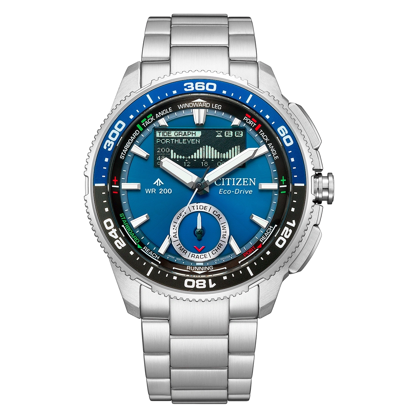 Citizen Eco-Drive -kello, jossa on sininen kellotaulu ja metalliranneke.