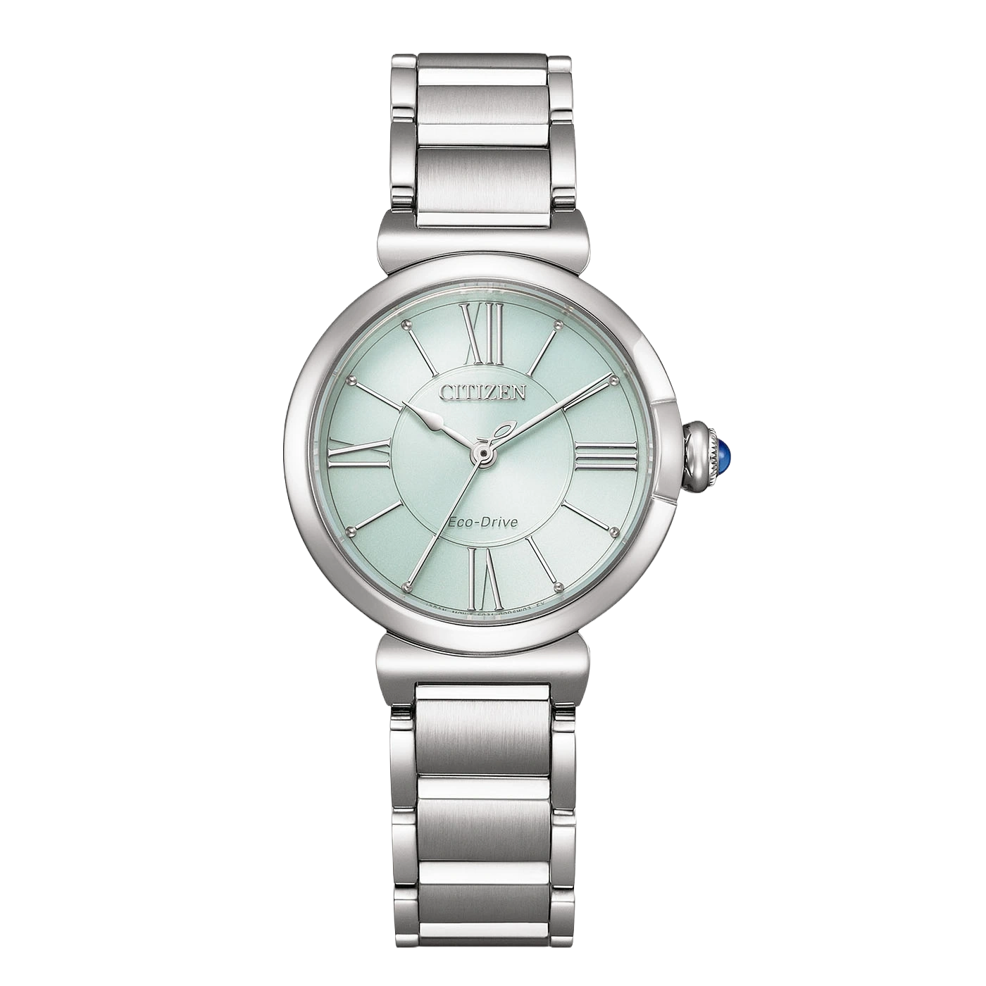 Hopeinen Citizen Eco-Drive -kello vaaleansinisellä kellotaululla ja roomalaisilla numeroilla.