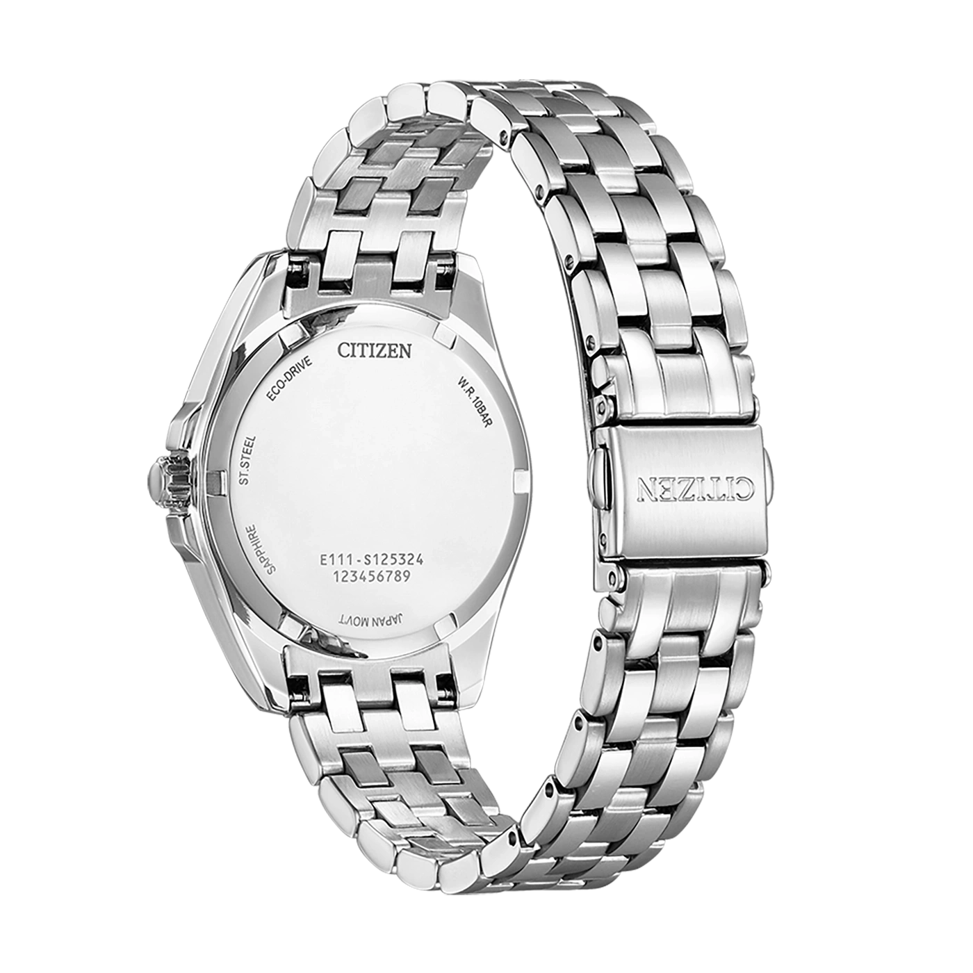Citizen-kellon takaosa, ruostumaton teräs, safiiri, Eco-Drive, Japanin koneisto, W.R. 10 bar