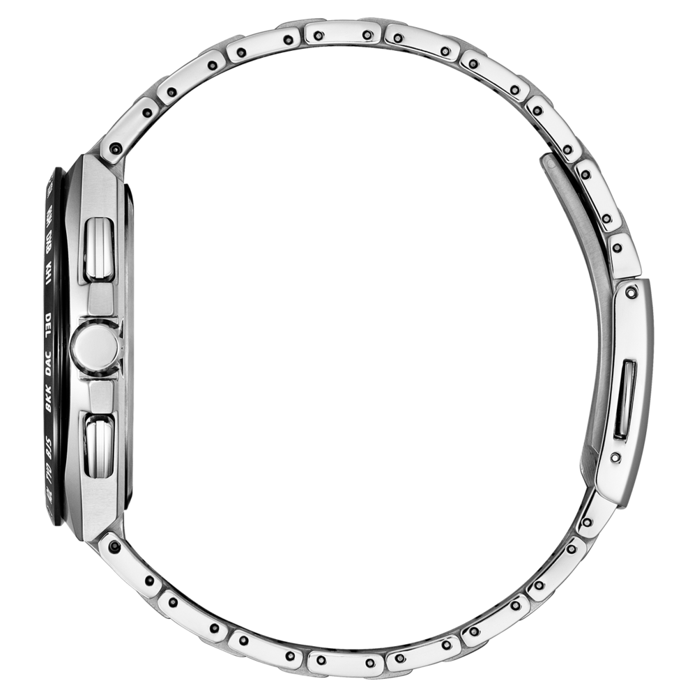 Hopeinen rannekello, jossa metalliranneke ja musta kellotaulu sivusta katsottuna.